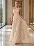 Champagne One Shoulder Pleated Chiffon Floor Length Empire Dress front view
