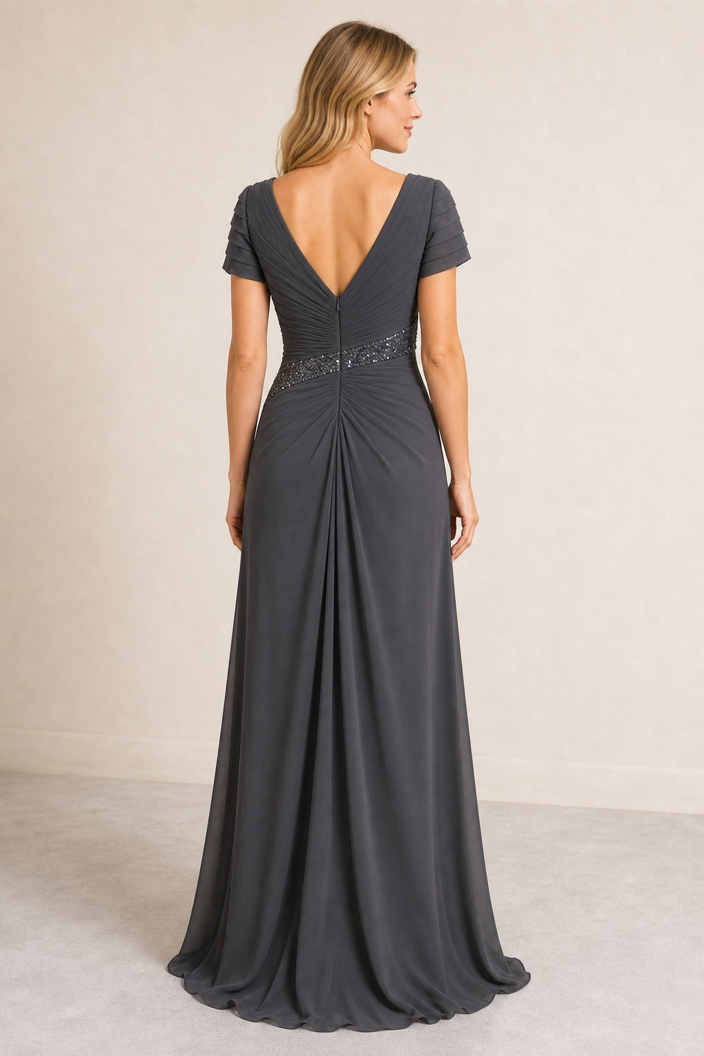 Charcoal V-neck Flutter Sleeve Sheath Chiffon Floor-Length Dress With Ruffle Front