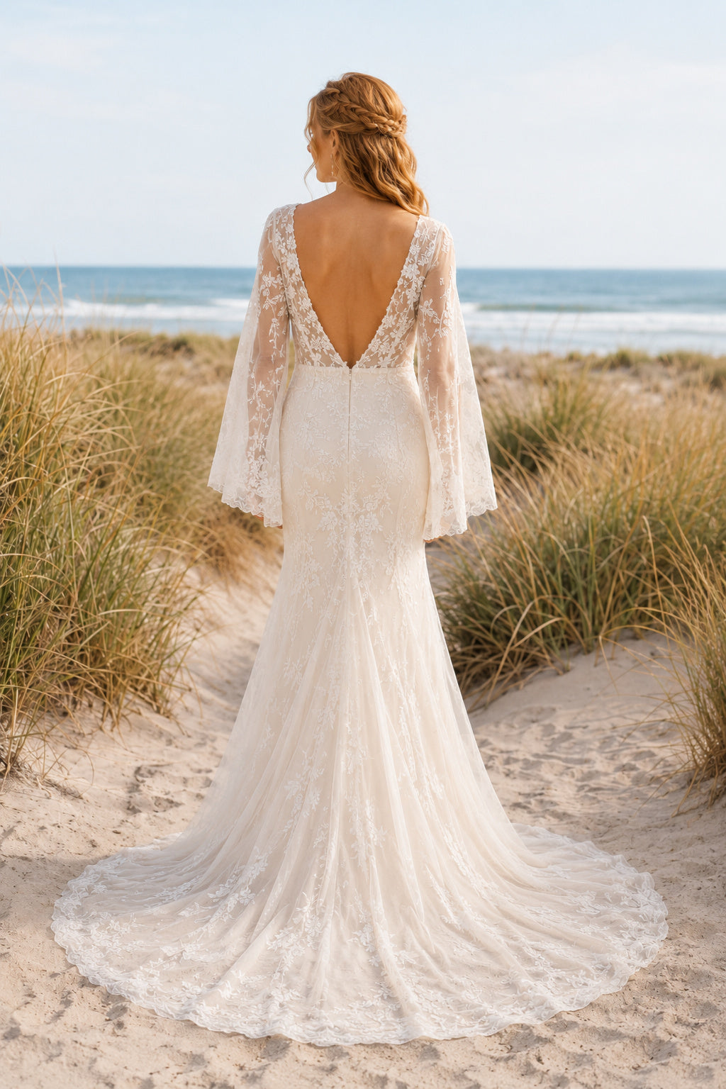 Ivory Long Bell Sleeve Lace Mermaid Wedding Dress Split Train for Wedding Ceremony and Reception back view
