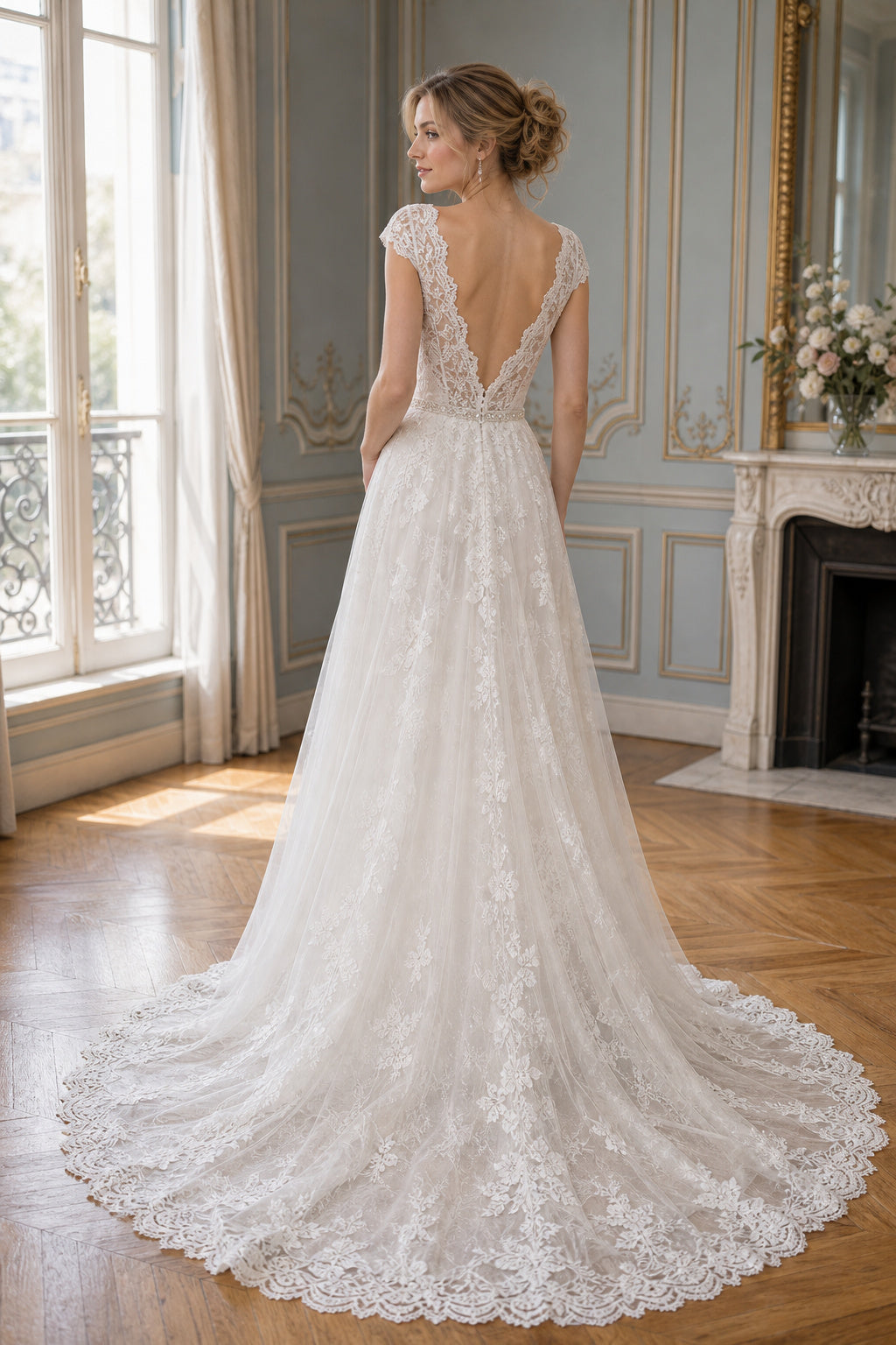 Ivory Off-the-shoulder Mermaid Crepe, Lace Floor-length Wedding Dress With Lace and Front Slit and Open Back Pearl Detail
