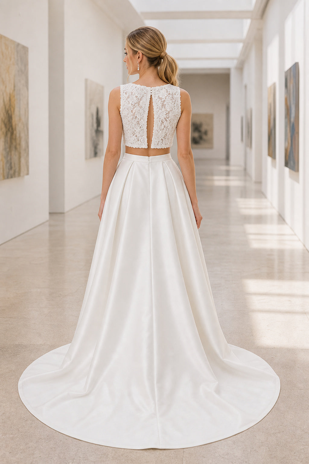 White Jewel Two-Piece Satin Floor-length Wedding Dress With Front Slit and Two-Piece and Open Back
