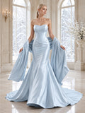 Frost Blue Satin Strapless Corset Mermaid Wedding Gown With Stole front view