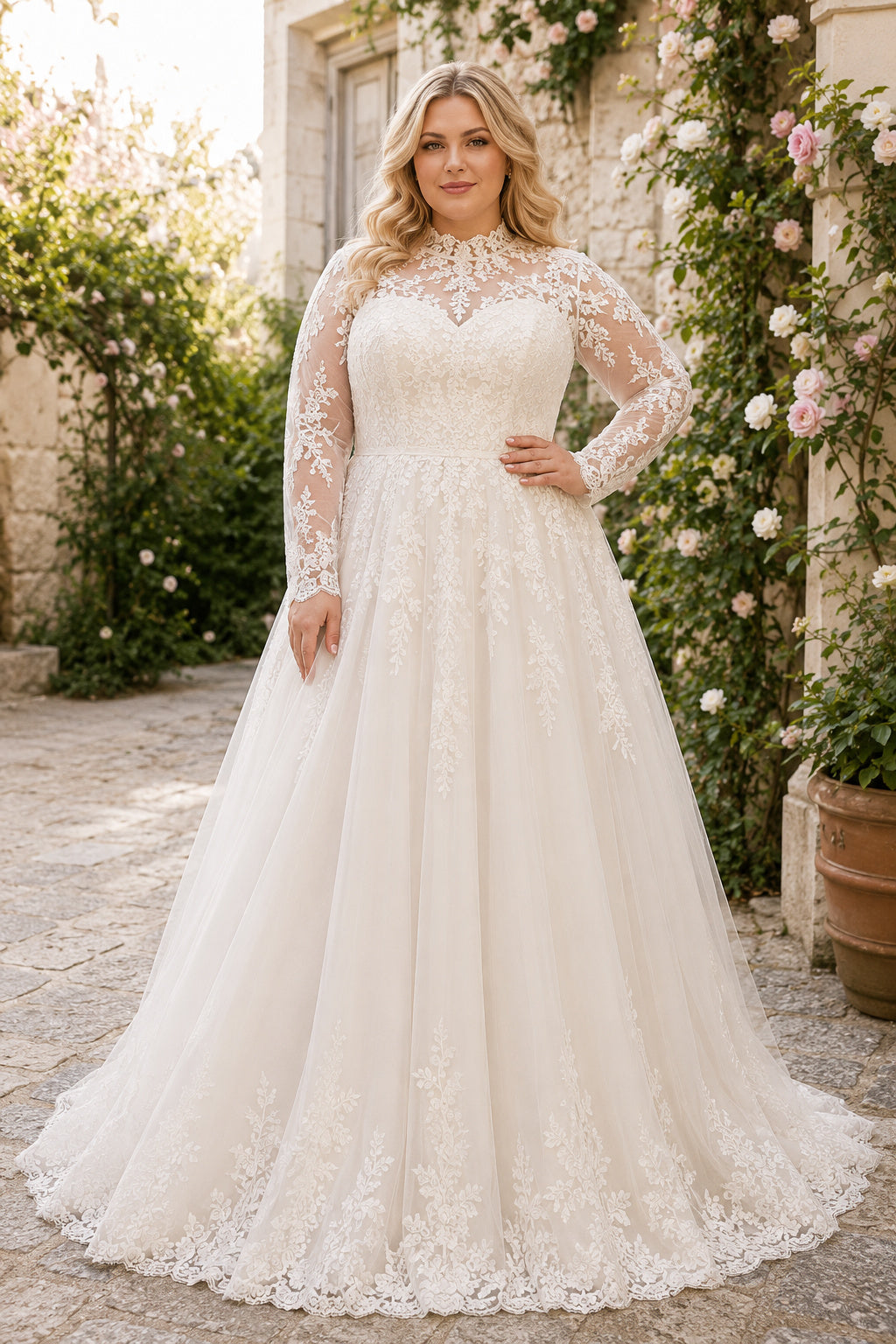 Plus Size Ivory High Neck Long Illusion Sleeve Lace Tulle A-Line Wedding Dress with High Lace Neckline and Chapel Train front
