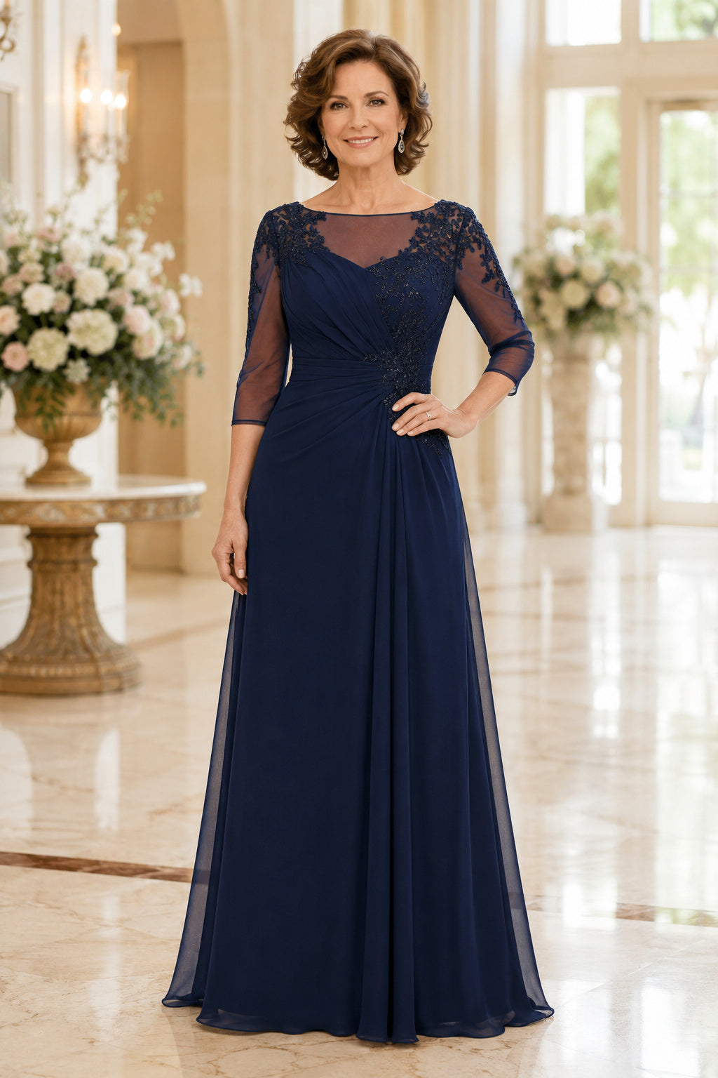 Dark Navy Bateau A-Line Mother Dress with Illusion Sleeves and Lace Bodice for Evening Reception front view