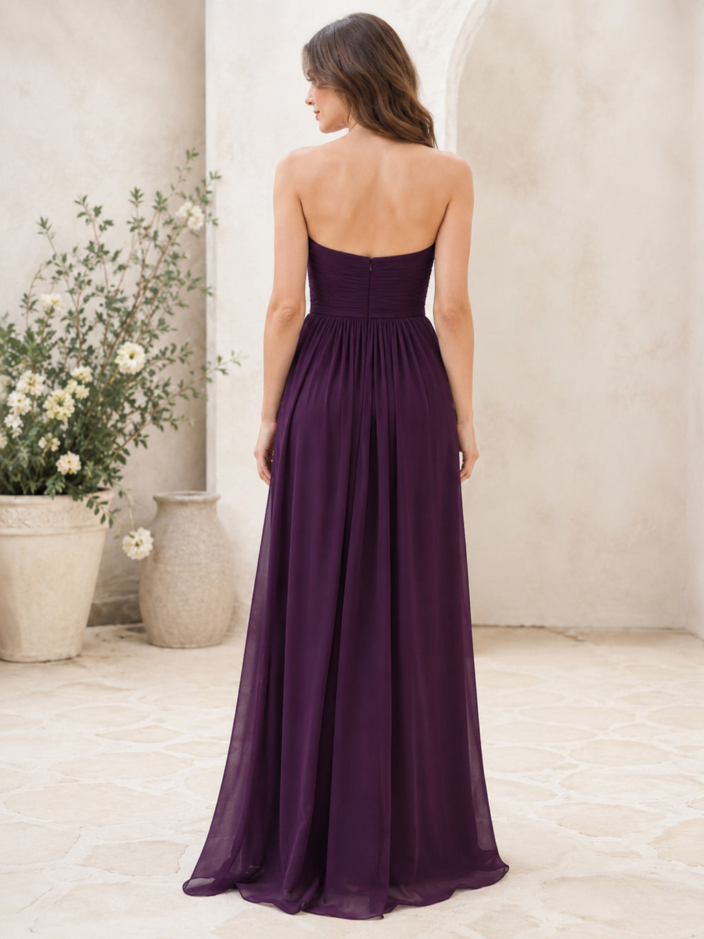 Plum Strapless Sweetheart Chiffon Floor Length A Line Bridesmaid Dress back view
