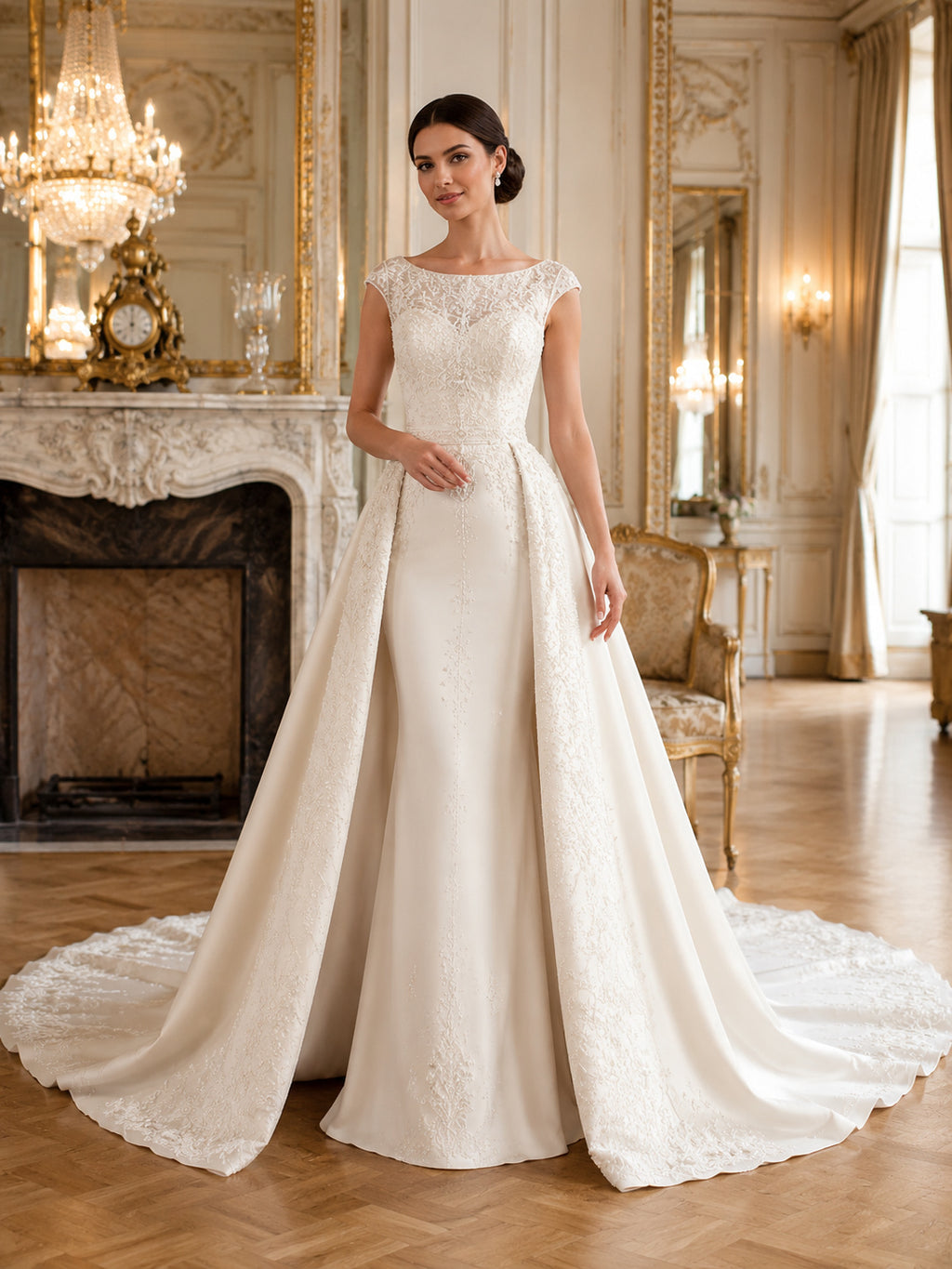 Satin Wedding Dress A-Line Bateau Neck Sleeveless Sweep Train Low V Back Bridal Gown front view