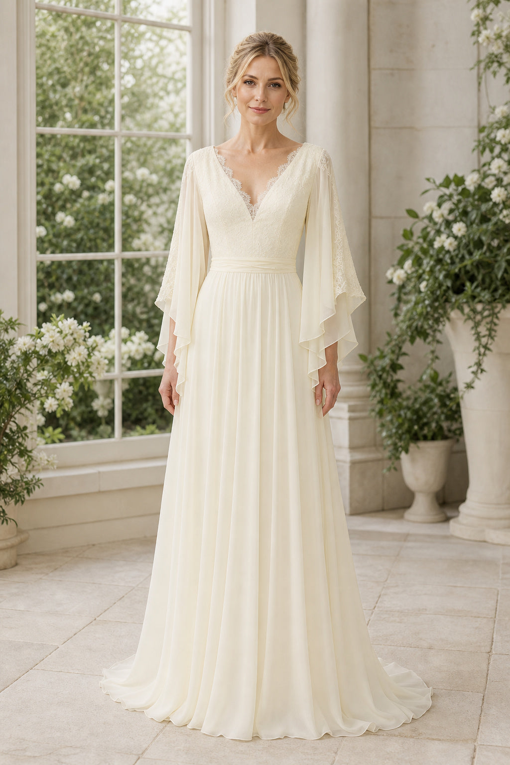 White Bateau Short Sleeves Mermaid Crepe, Lace Floor-length Wedding Dress With Lace and Beaded Waist and Open Back
