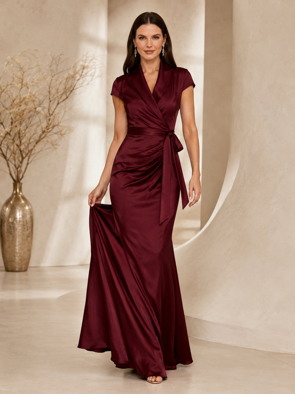 Burgundy V-neck Wrap Satin Sheath Gown front view