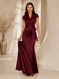 Burgundy V-neck Wrap Satin Sheath Gown front view