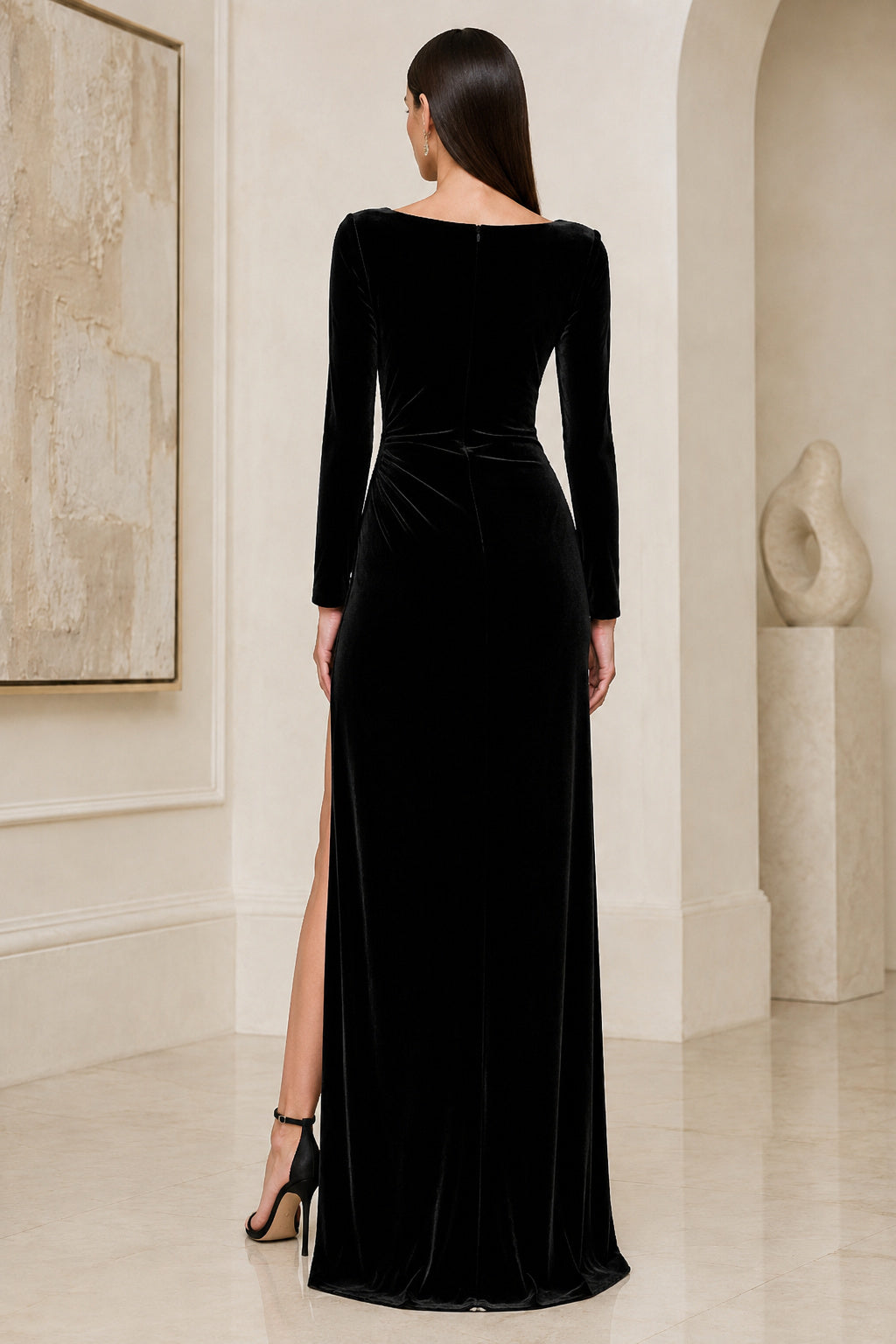 Black Long Sleeve Velvet Sheath Evening Dress with High Slit back view