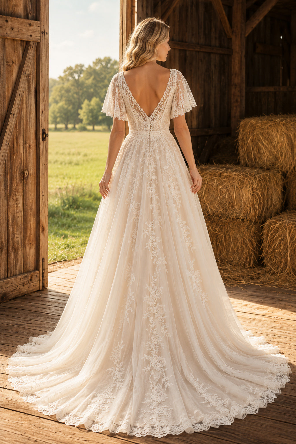 Ivory V-Neck Lace A-Line Wedding Dress with Flutter Sleeves and Full Tulle Train back view