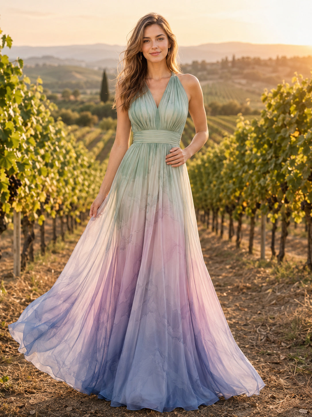 Vineyard Ombre Halter Chiffon A-Line Maxi Guest Dress front view