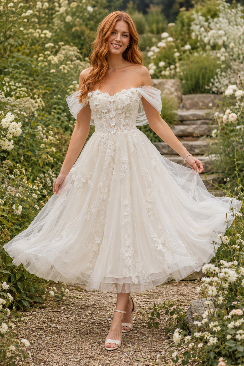 Ivory Off-the-Shoulder Sweetheart Flutter Sleeve Lace Tulle Tea-Length Wedding Dress with Flutter Sleeves and Tulle Midi Skir