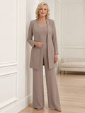 Taupe Mother Jumpsuit with Jewel Neck Long Tailored Jacket and Wide Leg Pants front view