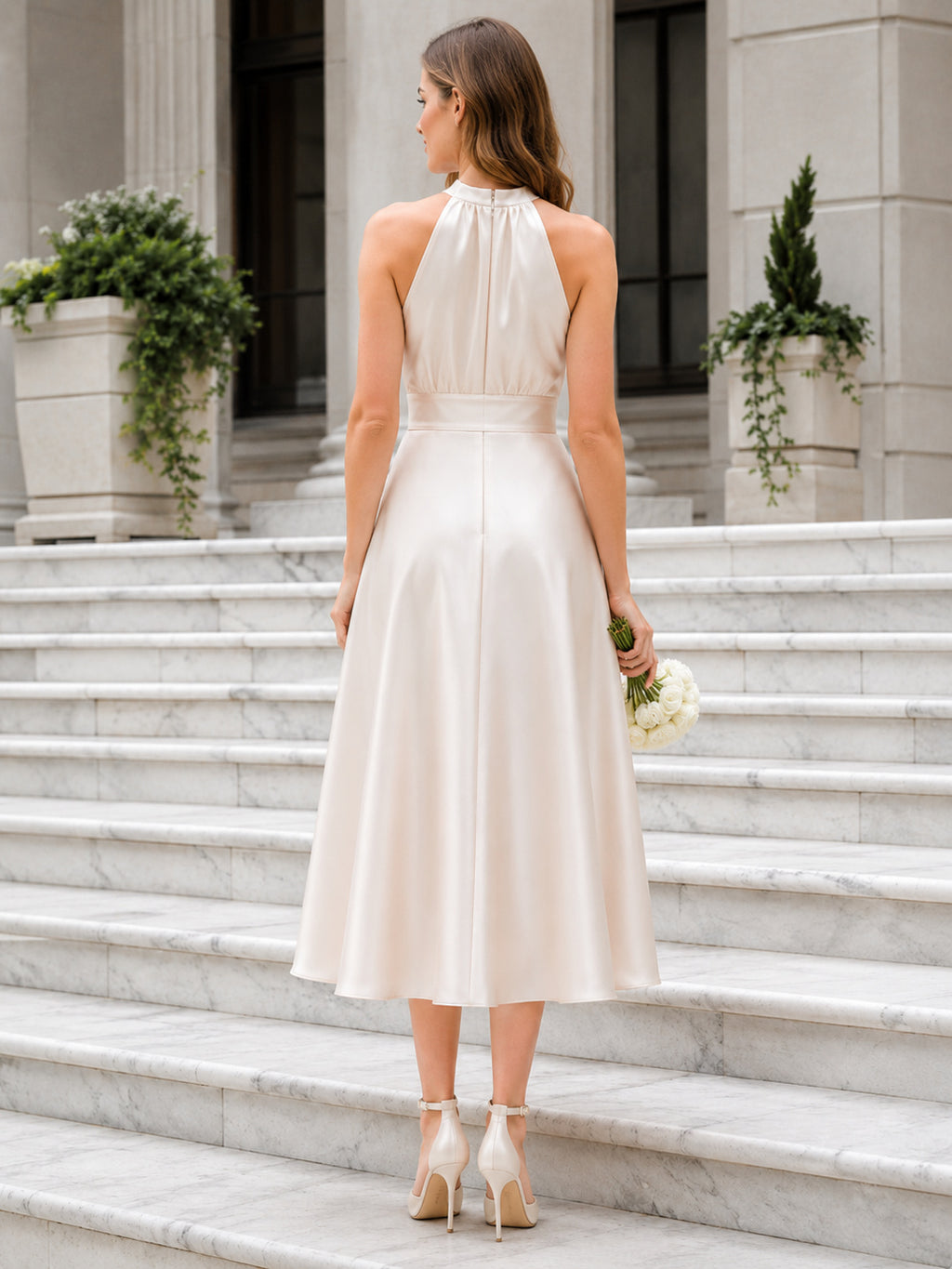 Petite Halter Satin Tea-Length City Hall Wedding Dress back view