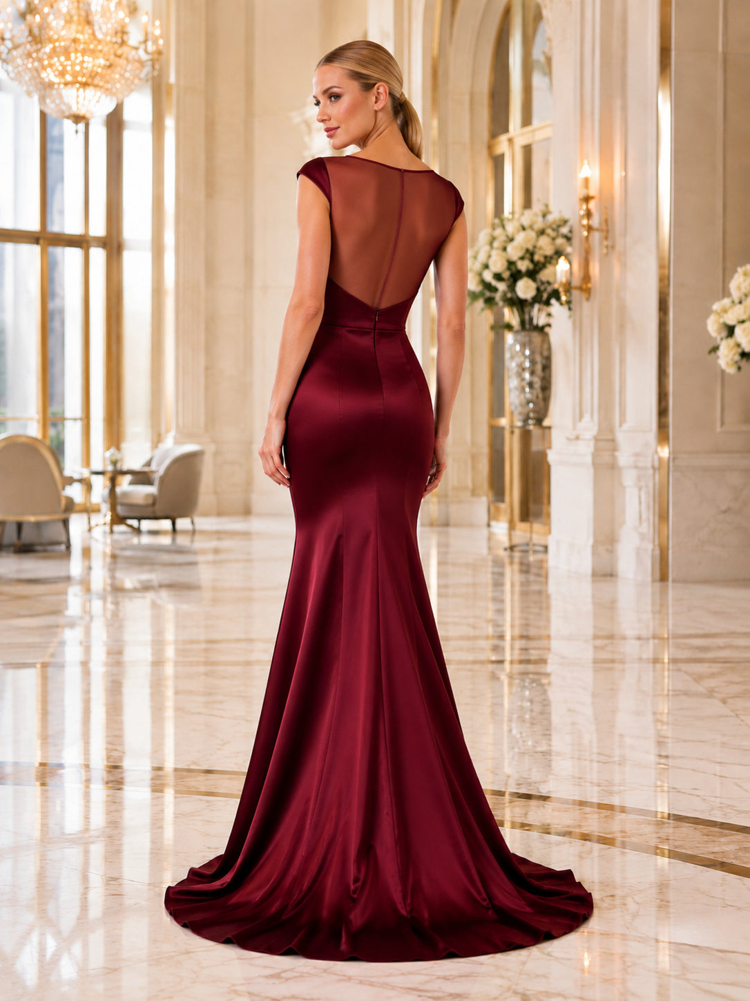 Burgundy Satin Mermaid Gown With Illusion Back back view