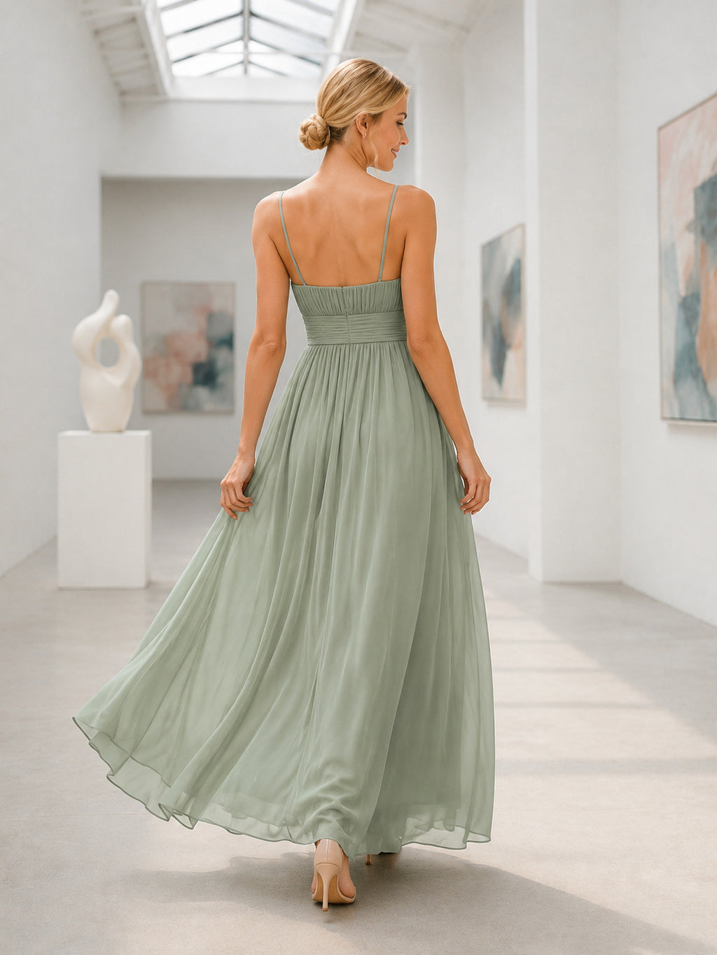 Art Gallery Sage Strapless Chiffon A-Line Ankle-Length Pleated Bridesmaid Dress back view