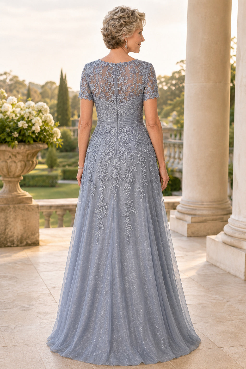 Steel Blue Cap Sleeve Lace A-Line Mother Dress with Illusion Back and Floor Skirt back view