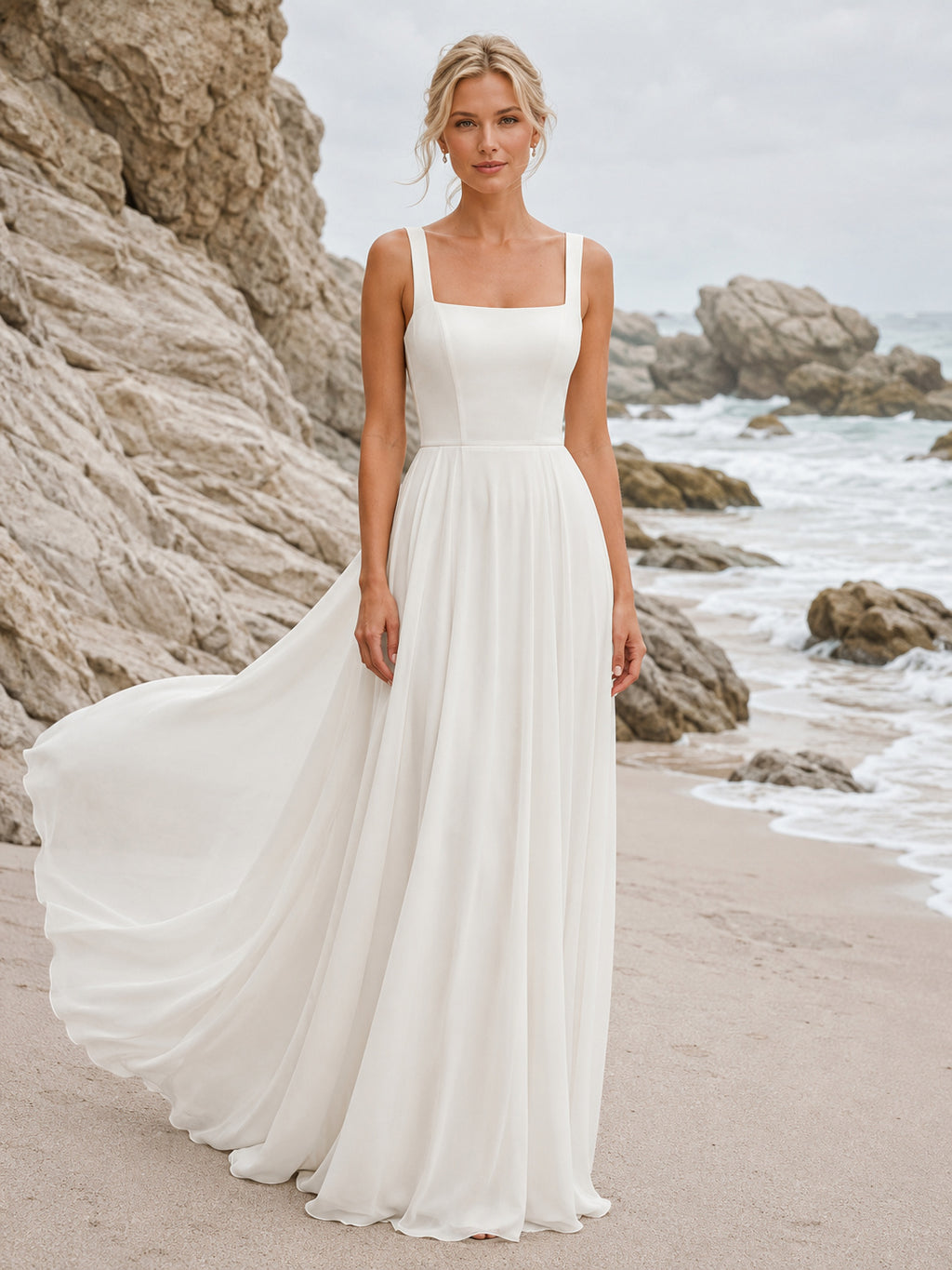 Square Neck Chiffon Rocky Beach Elopement Bridal Gown front view