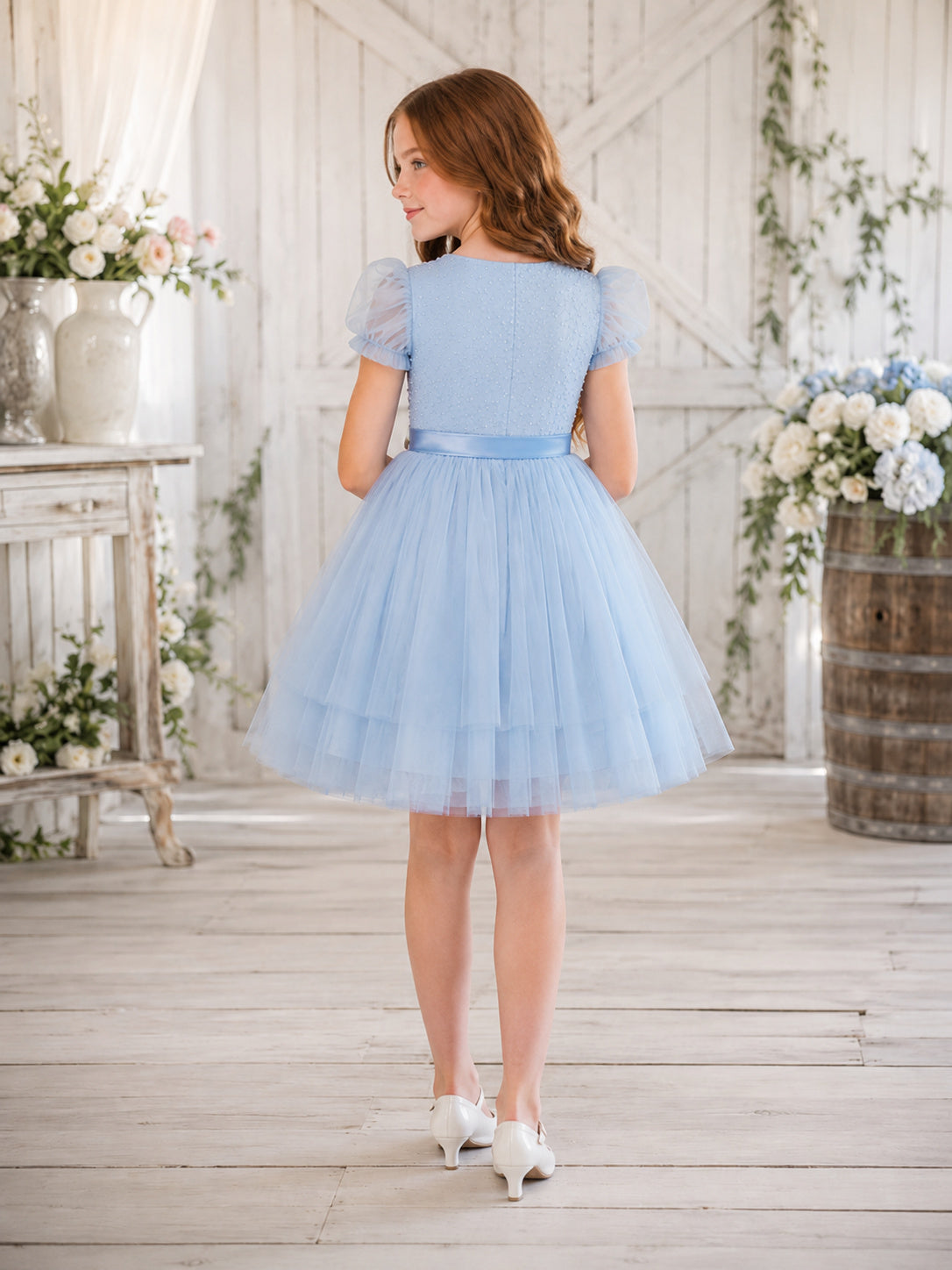 Sky Blue Puff Sleeve Tulle A-Line Knee-Length Textured Flower Girl Garden Dress back view