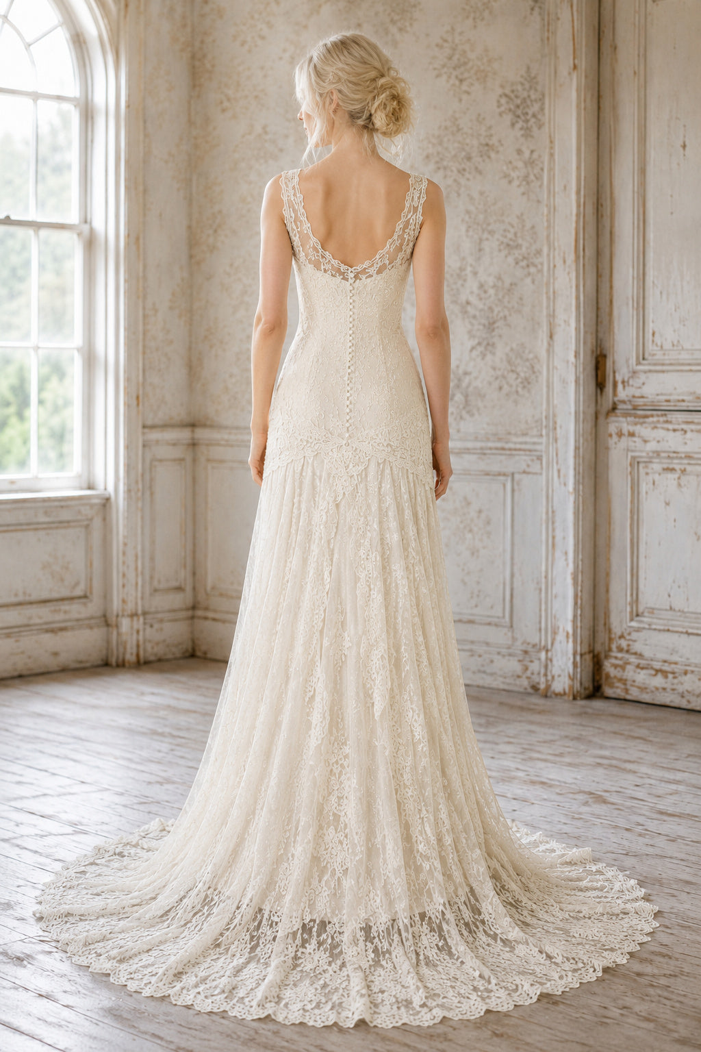 Ivory Sleeveless Lace Sheath Boho Wedding Dress with Scoop Neck and Sweep Train back view