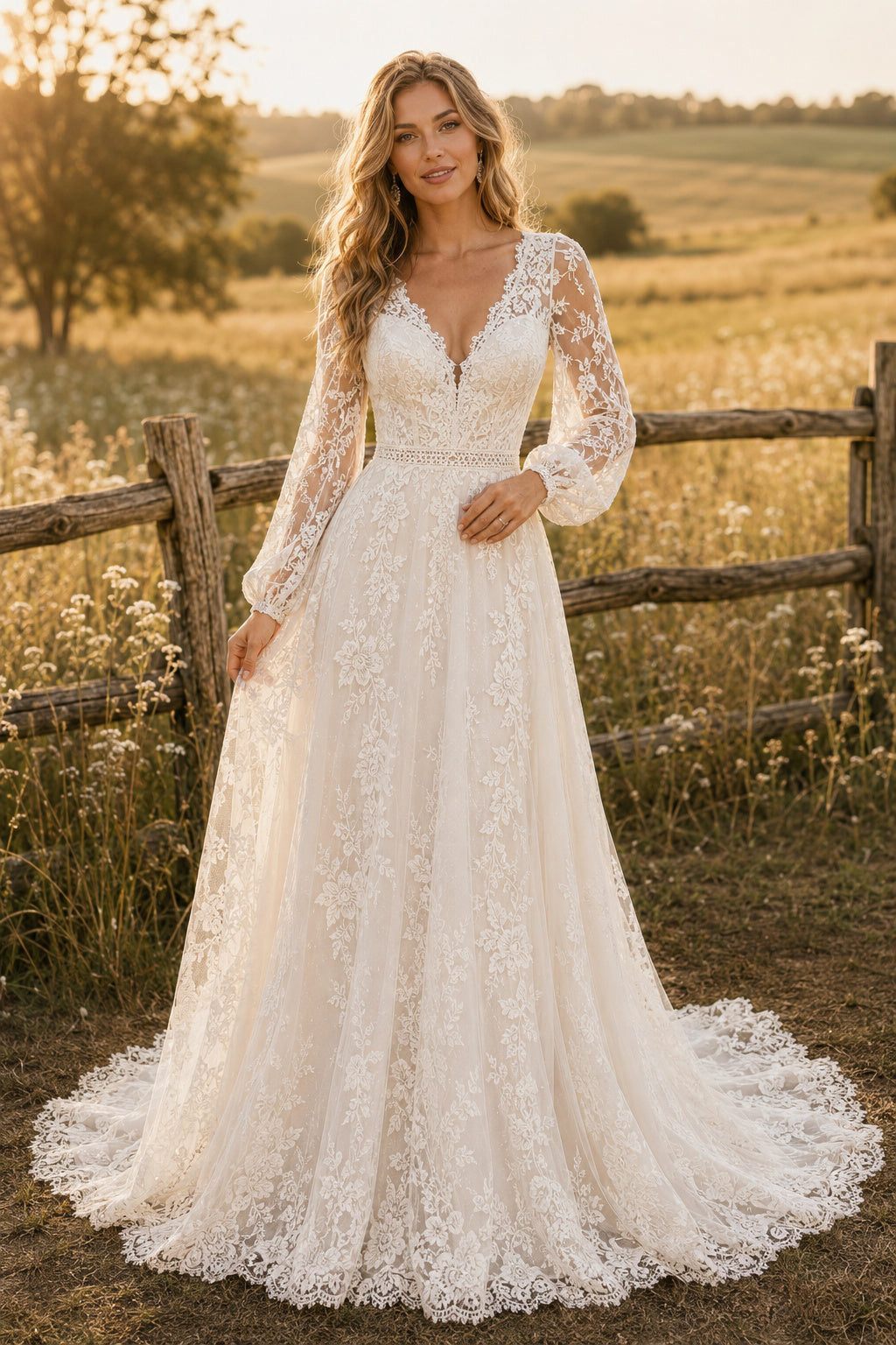 Ivory V-Neck Long Sleeve Lace A-Line Wedding Dress with Illusion Back and Chapel Train front view
