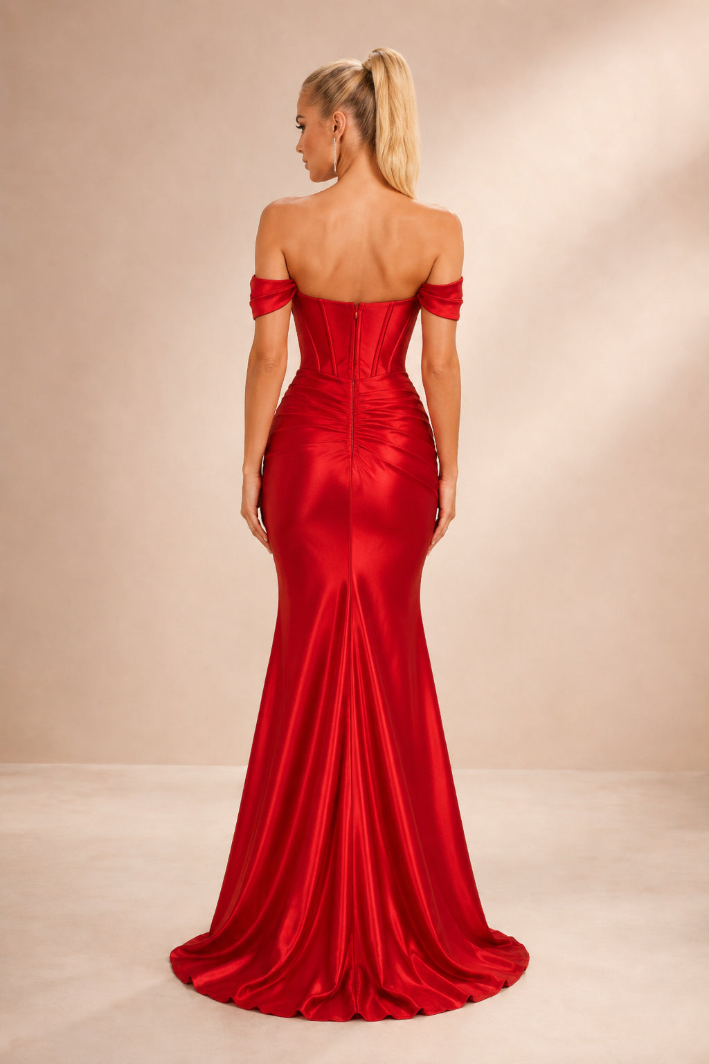 Red Off-the-Shoulder Satin Mermaid Prom Dress with Sweetheart Bodice and High Slit back view