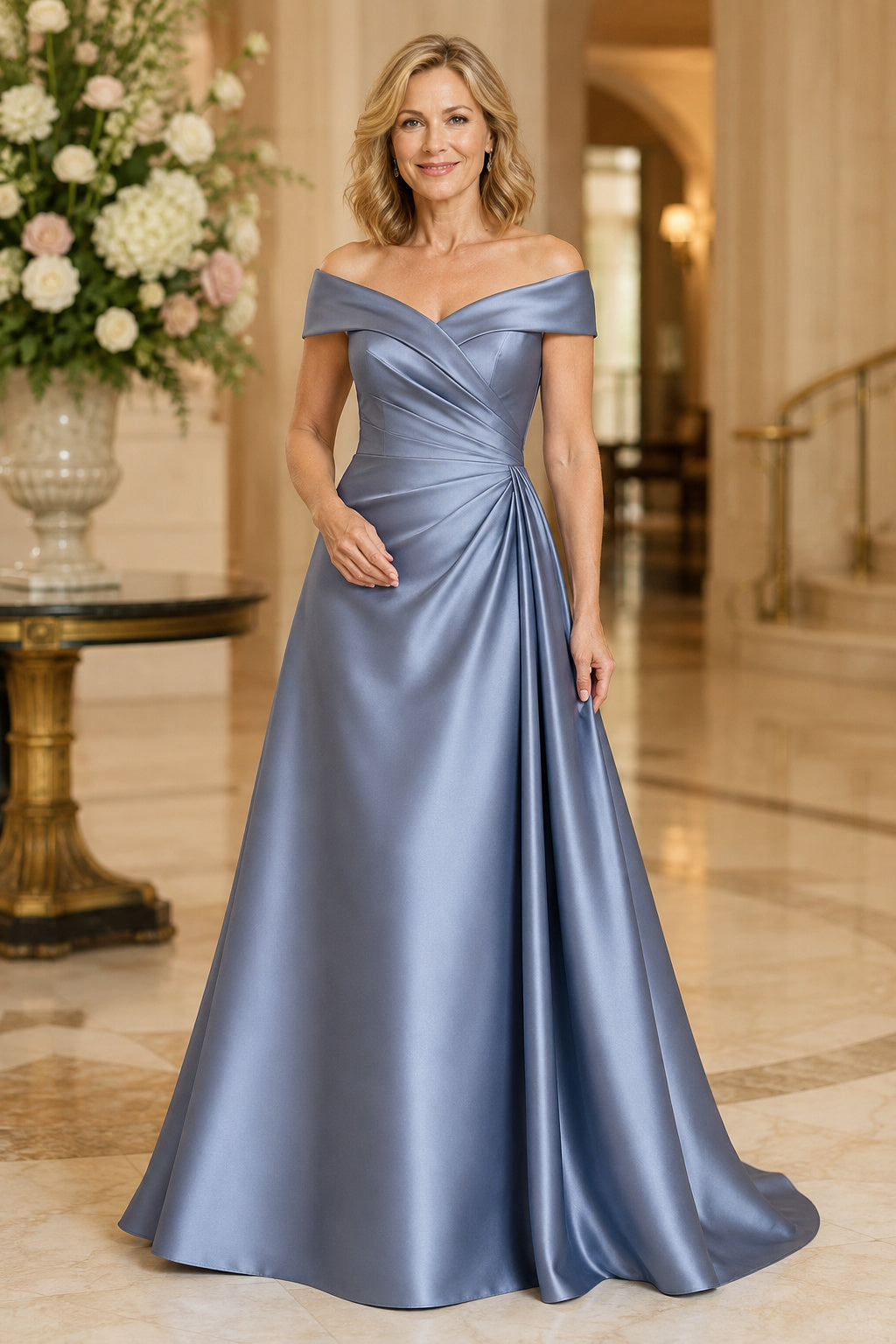 Steel Blue Off Shoulder Satin A-Line Mother Dress with Pleated Bodice and Full Skirt Style 101596 front view