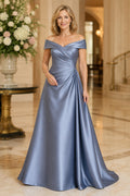 Steel Blue Off Shoulder Satin A-Line Mother Dress with Pleated Bodice and Full Skirt Style 101596 front view