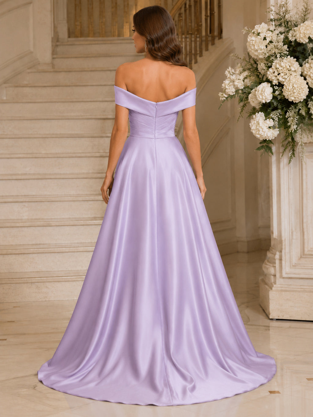 Lilac Off Shoulder Simple Satin A Line Sweep Train Wedding Dress back view