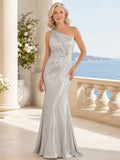 Silver Elegant One-Shoulder Stretch-Satin Mermaid Floor-Length Mother of the Bride Gown with Draped Waist front view