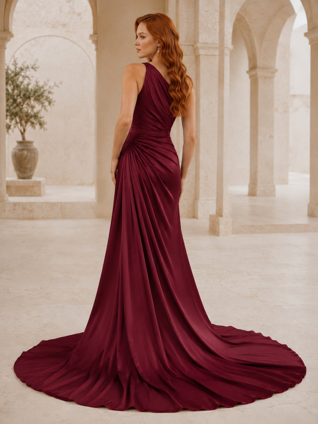Burgundy One-Shoulder Draped Satin Sheath Mermaid Wedding Gown back view