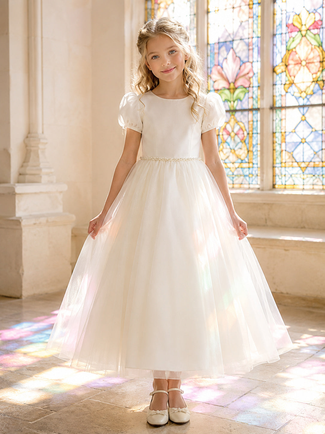Jewel Neck Puff Sleeve Satin Tulle Floor Length First Communion Dress front view