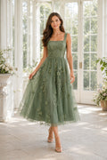Sage Tea-Length Tulle A-Line Party Dress with Floral Applique front view
