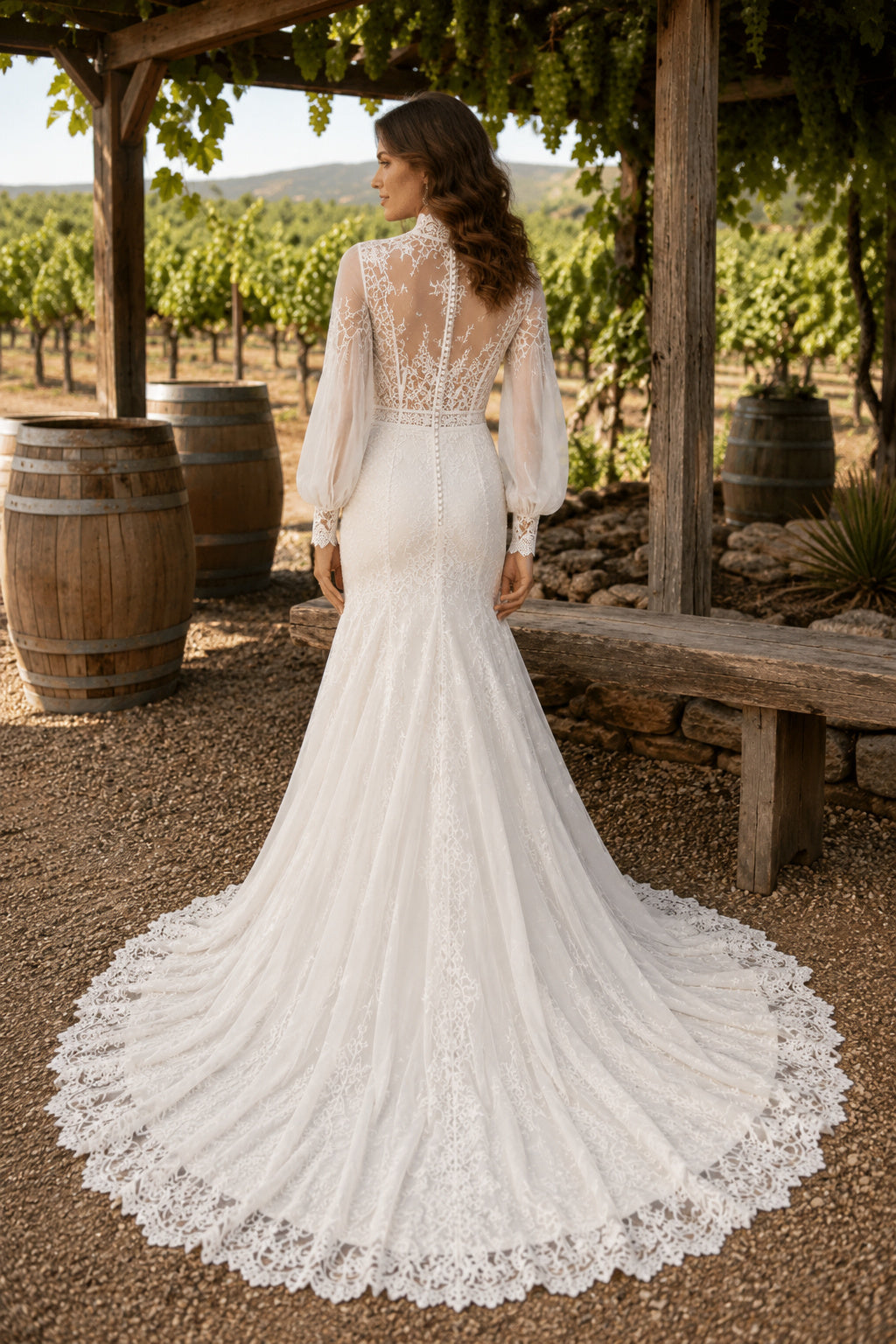 Ivory High Neck Long Sleeve Lace Mermaid Wedding Dress with Illusion Back and Train back view