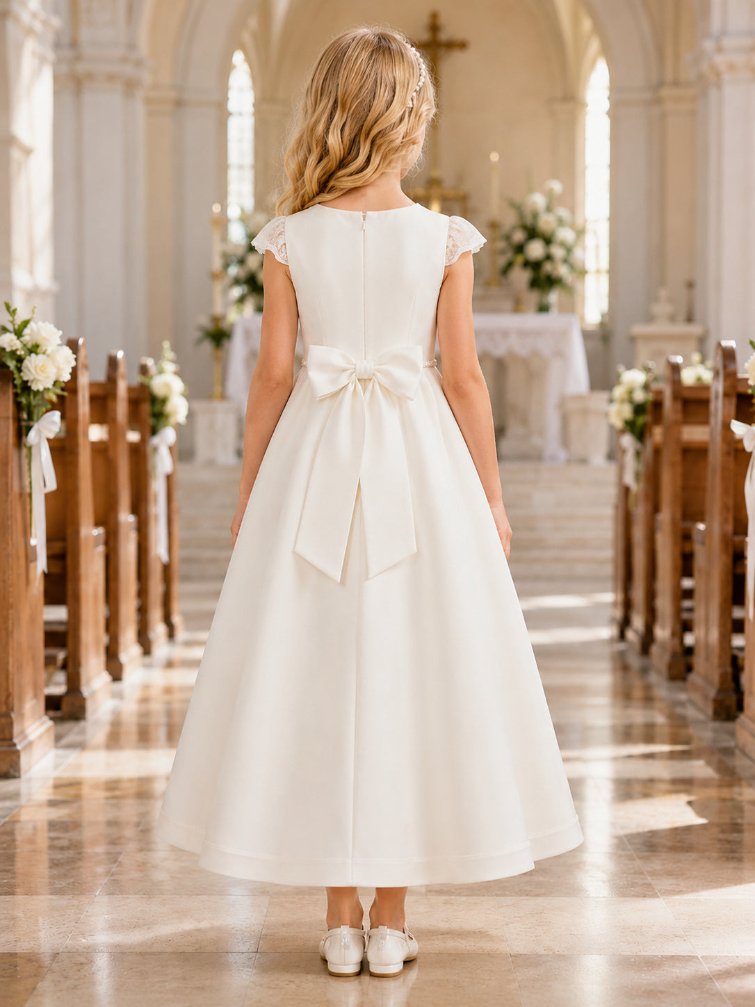 Cap Sleeve Satin Grand Bow Communion Flowergirl Tea Length Dress back view