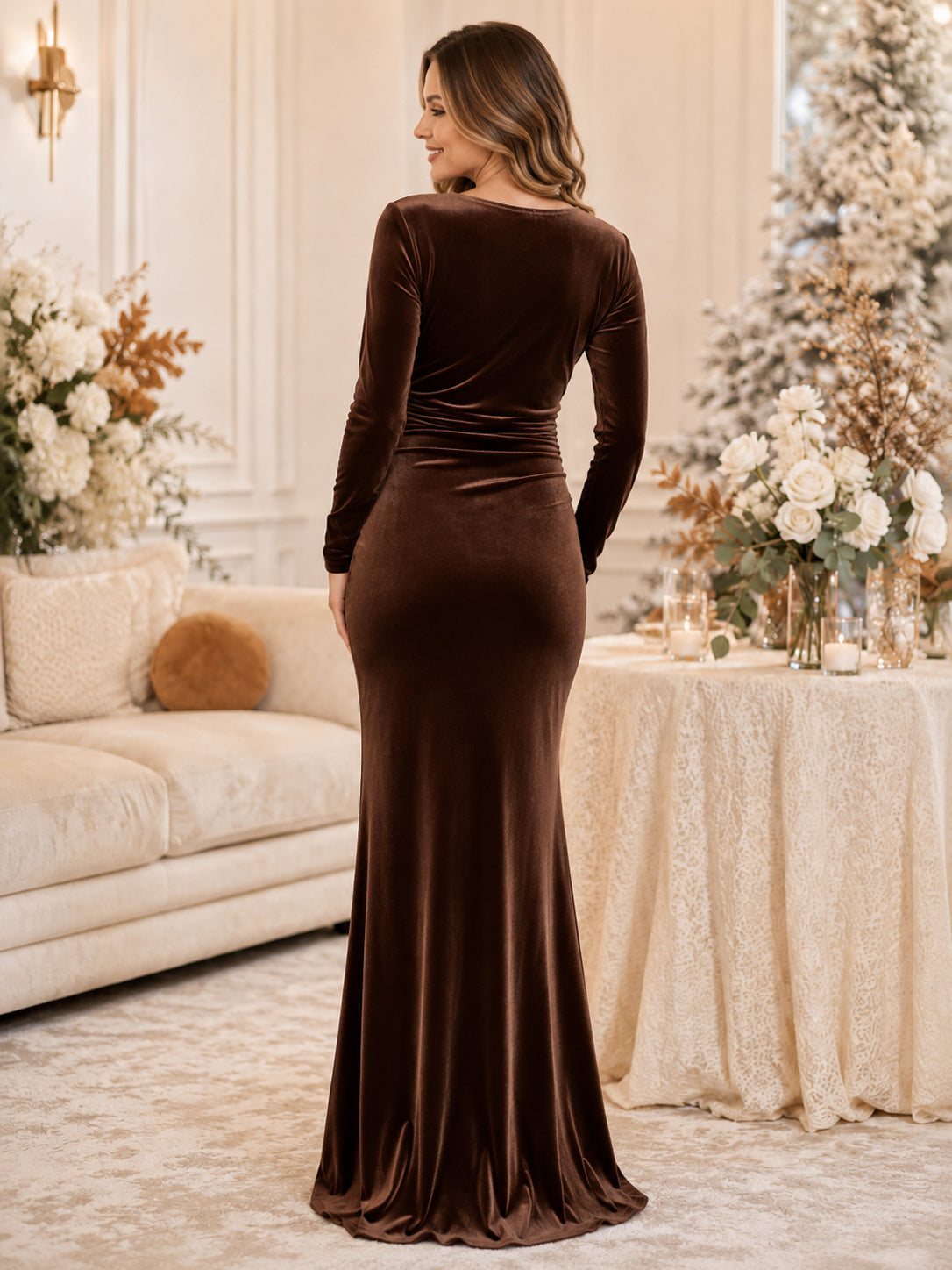 Chocolate Maternity Long Sleeve Wrap V Neck Velvet Mermaid Floor Length Winter Gown back view