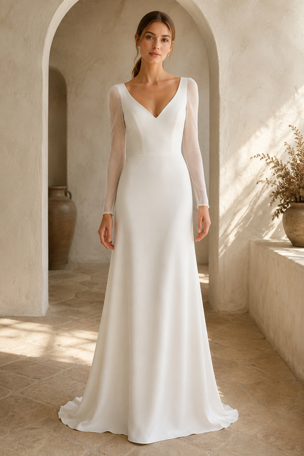 Ivory V-Neck Long Sleeve Stretch Satin Sheath Wedding Dress with Low Back front view