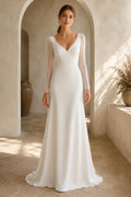 Ivory V-Neck Long Sleeve Stretch Satin Sheath Wedding Dress with Low Back front view