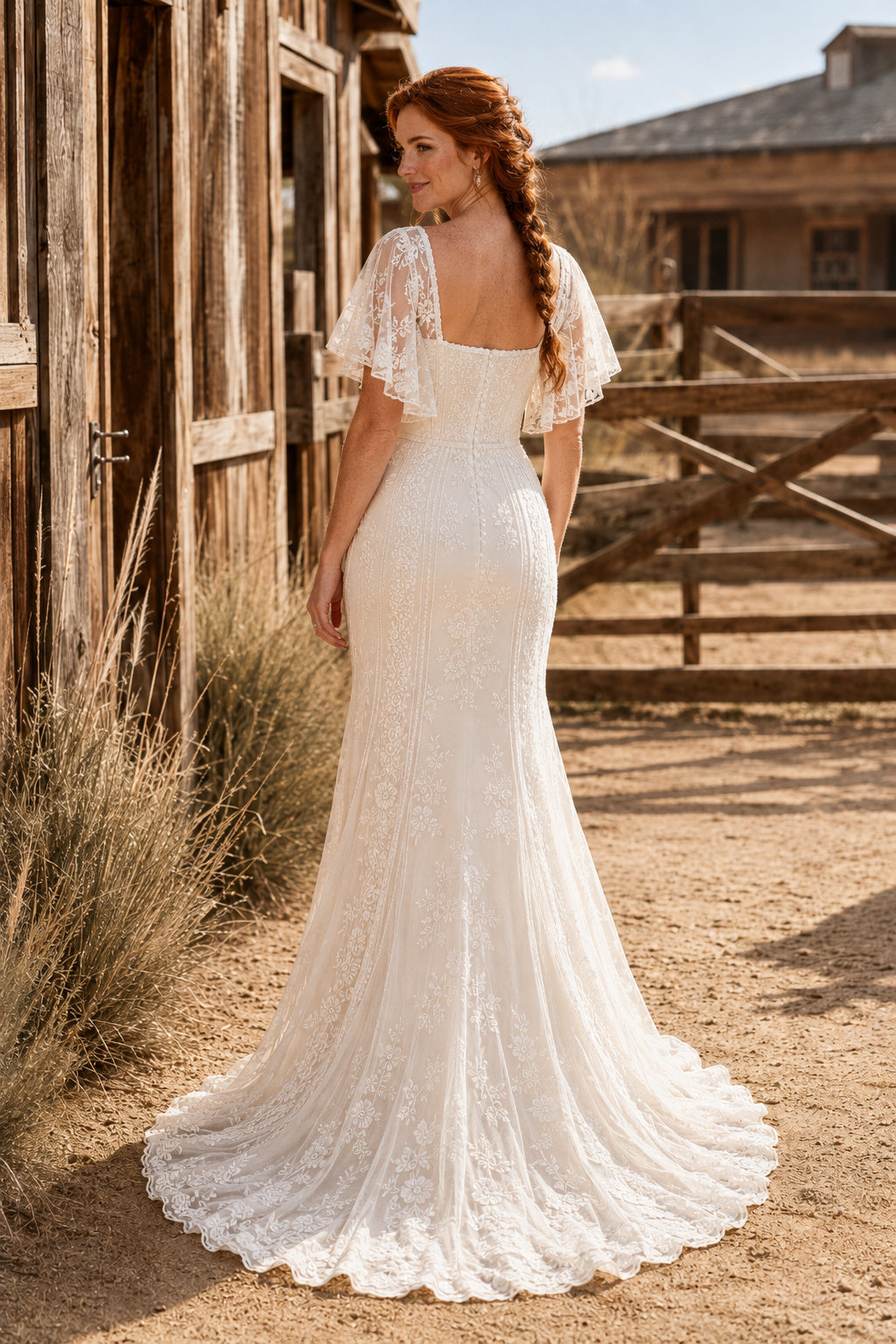 Square Neck Lace Mermaid Wedding Dress with Flutter Sleeves and Sweep Train for Rustic Garden Ceremony back view