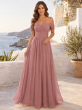 Dusty Rose Seaside A-Line Chiffon Bridesmaid Dress with Off-Shoulder Sweetheart Short Sleeve Bodice, Pleated Floor-Length Ski