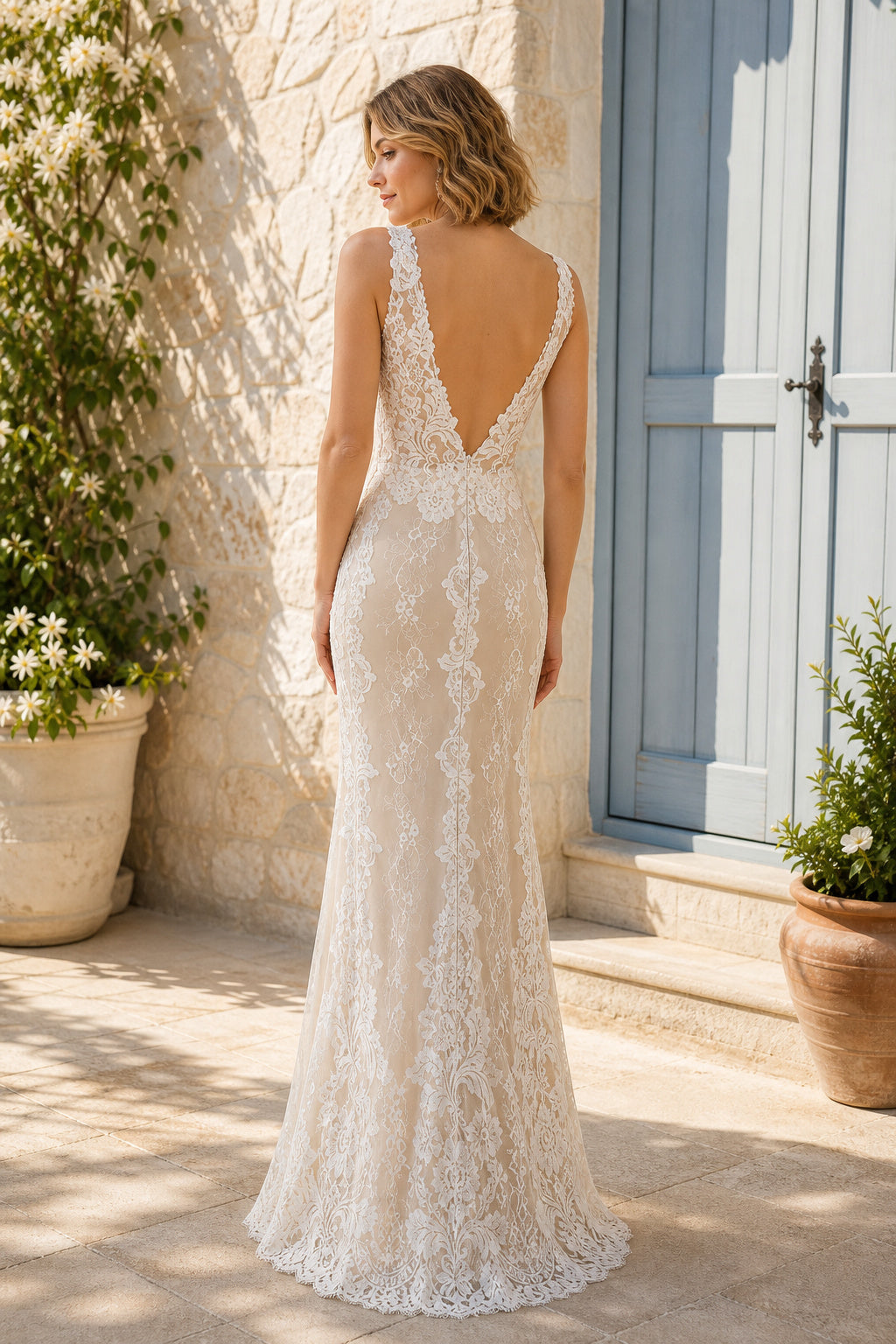 White Illusion Flutter Sleeves A-Line Lace Floor-length Wedding Dress With Lace and Layered Skirt