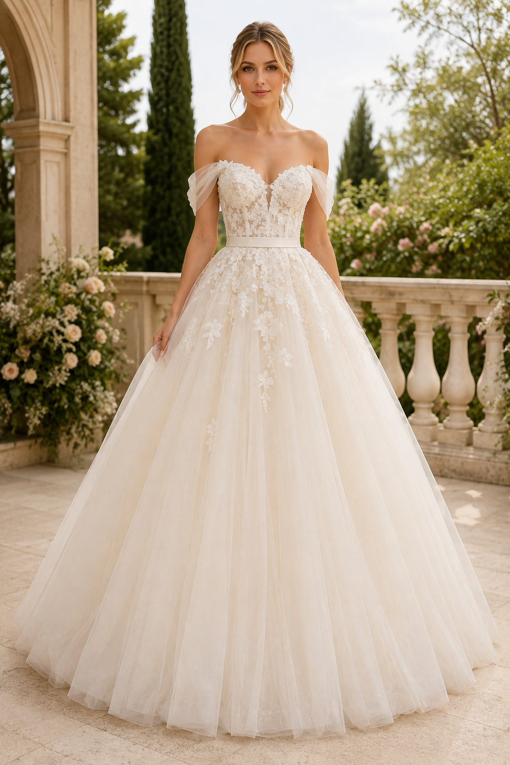 Ivory Off-the-Shoulder Tulle Ball Gown Wedding Dress with Lace Bodice front view