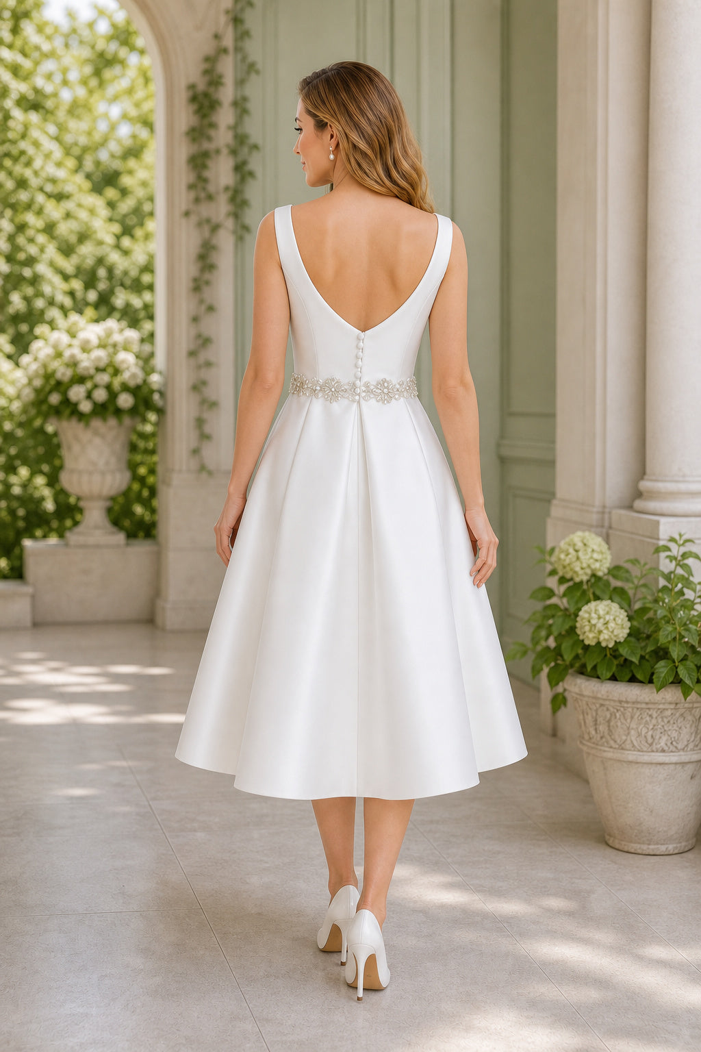 White Square A-Line Satin Knee-length Dress With Beaded Waist and Pleats and Open Back