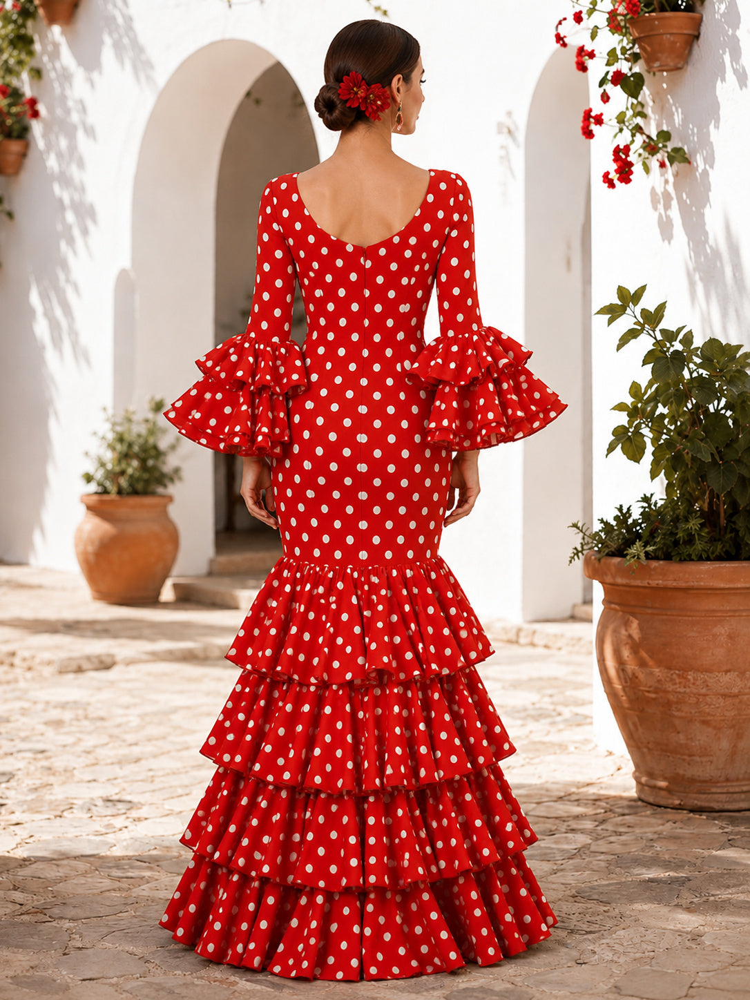 Red White Polka Dot Square Neck Long Bell Sleeve Tiered Mermaid Floor Length Flamenco Dress back view