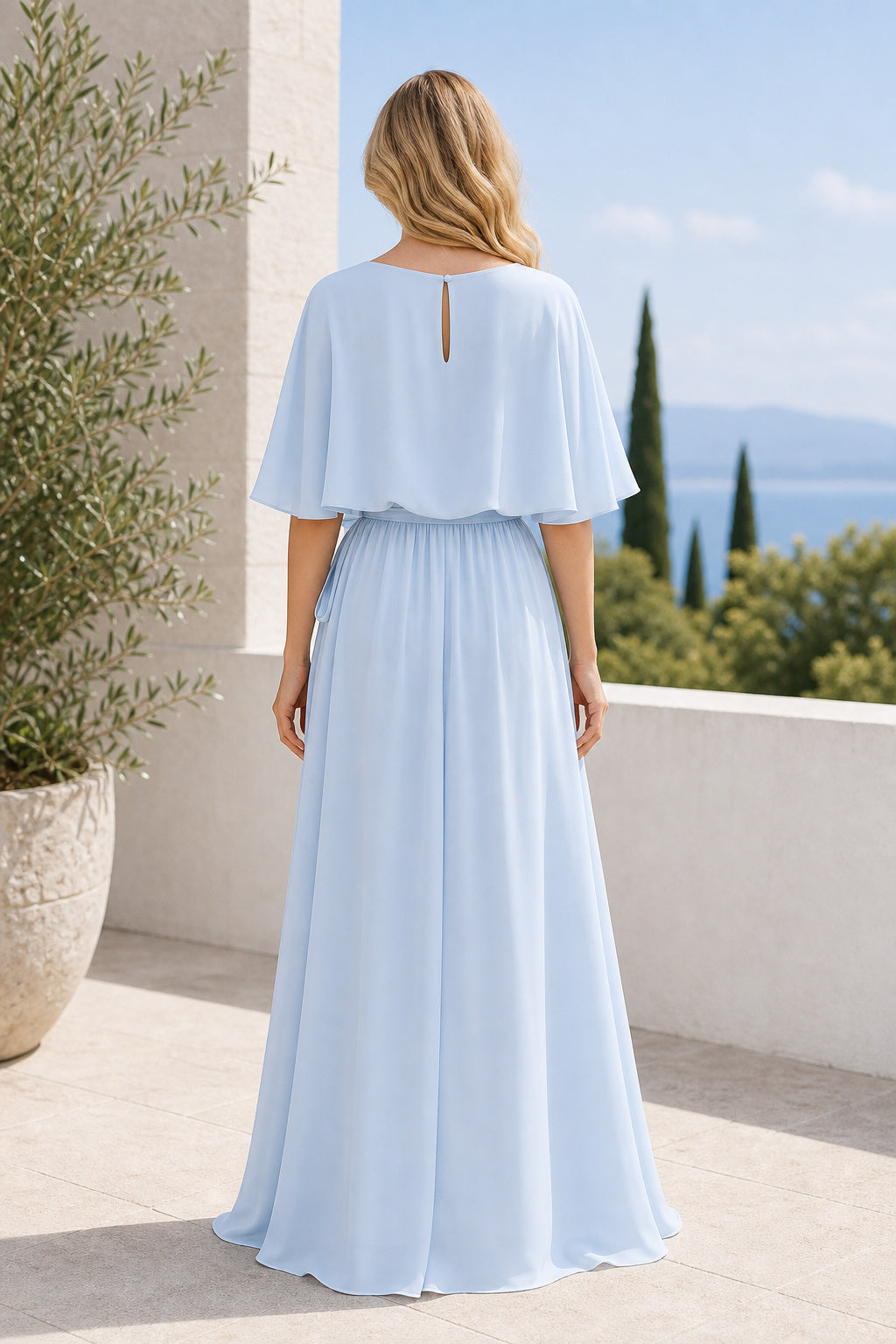 Light Blue Bateau Cape Sleeve A-Line Chiffon Floor-Length Dress With Belt