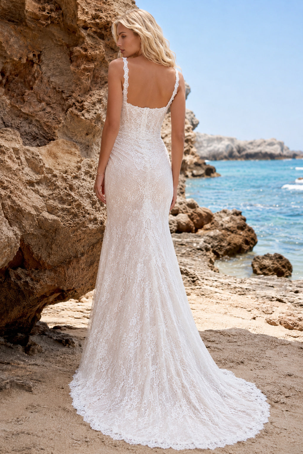 Ivory Spaghetti Strap Lace Mermaid Wedding Dress Split Front Train for Bridal Ceremony and Reception back view