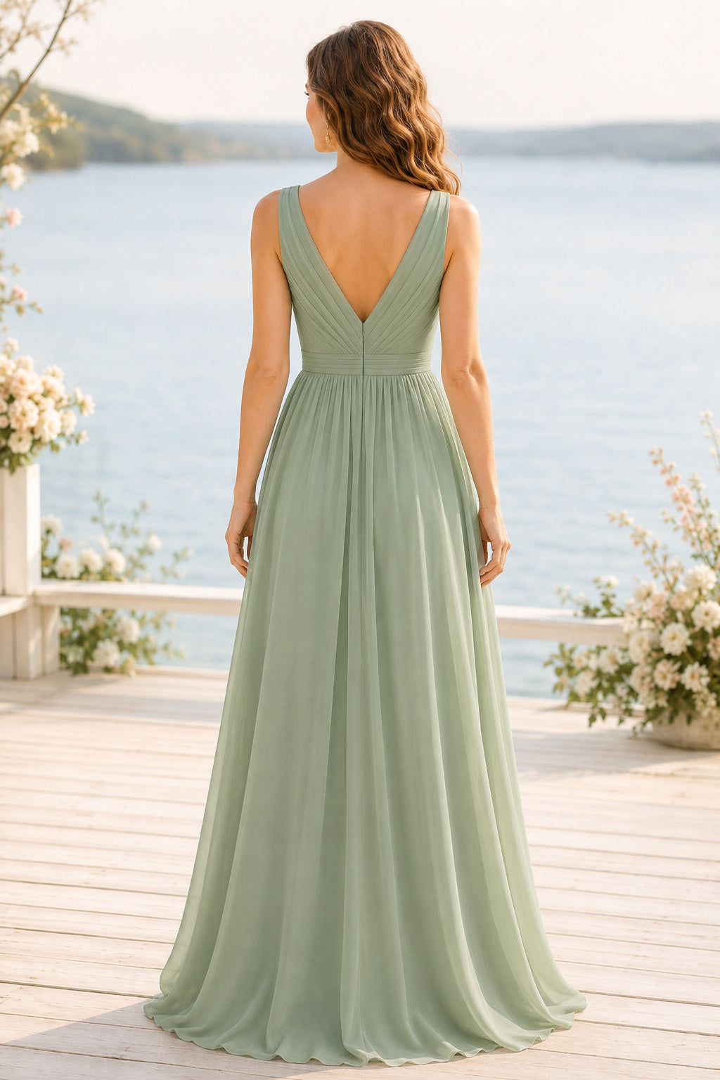 Sage V-Neck Chiffon A-Line Bridesmaid Dress with Wide Straps and Pleated Skirt back view
