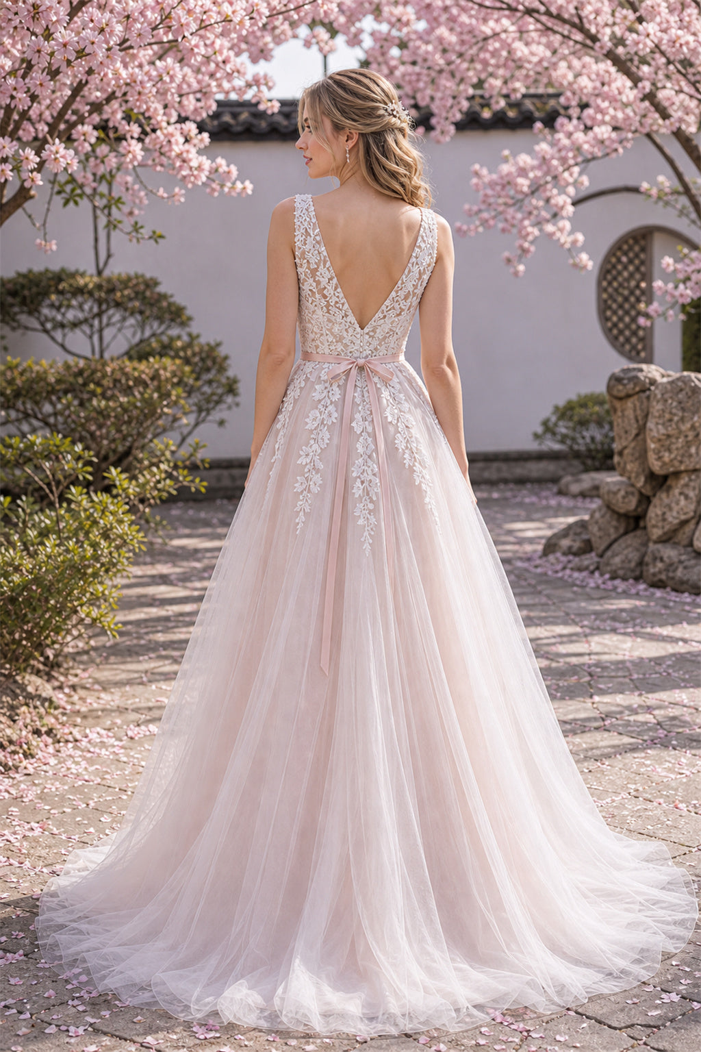 Blush V-neck Ball Gown Tulle Floor-length Wedding Dress With Lace and Beading and Open Back