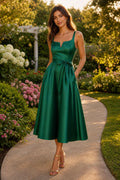 Emerald V-Neck Tea-Length Satin A-Line Dress